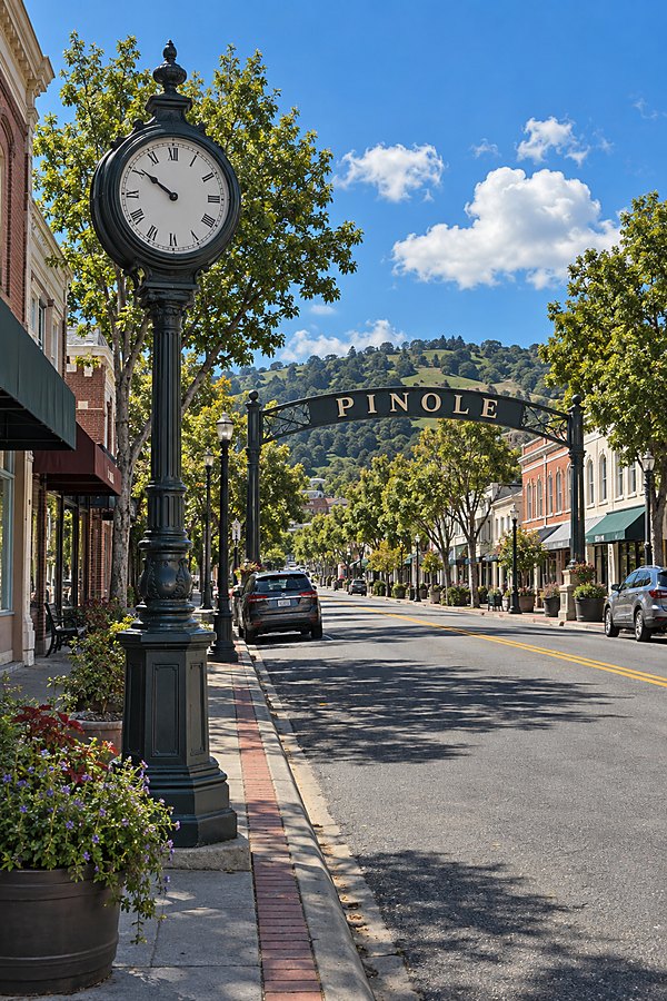 Historic downtown Pinole on Fernandez Avenue, the cast-iron street clock in the foreground and the town gateway arch spanning the street