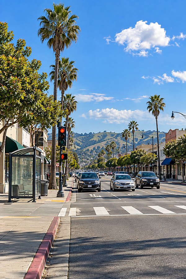 San Pablo Avenue on a weekday morning, storefronts and palms along the kerb, a bus shelter at a signalised crossing and the hills closing the view