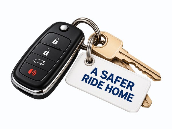 A car key and fob on a ring with a tag reading A Safer Ride Home