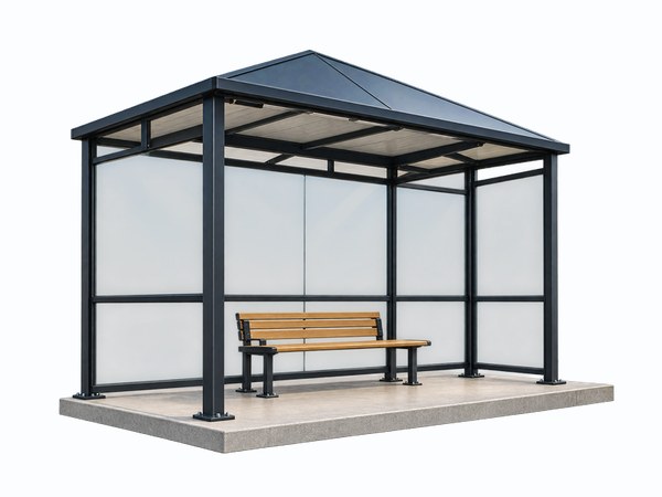 A modern glass and steel bus shelter with a timber bench