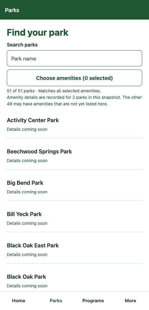Centerville-Washington Park District — mobile app screen 2
