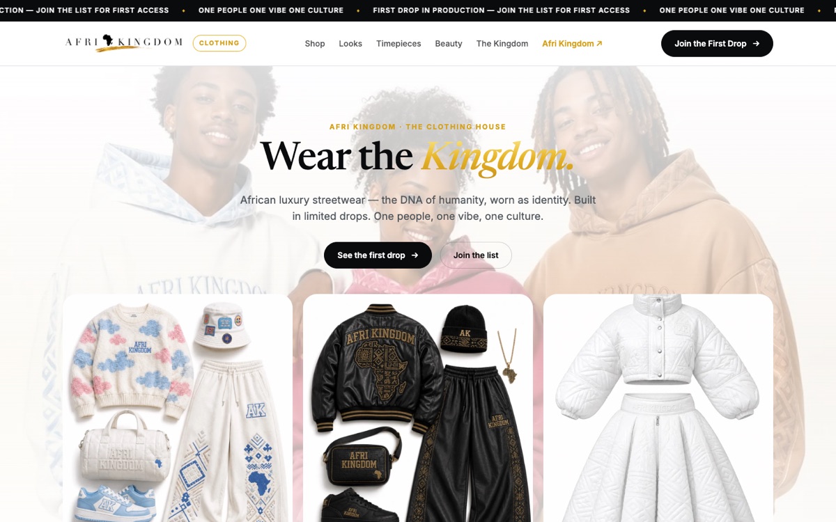 Screenshot of Afri Kingdom Clothing homepage