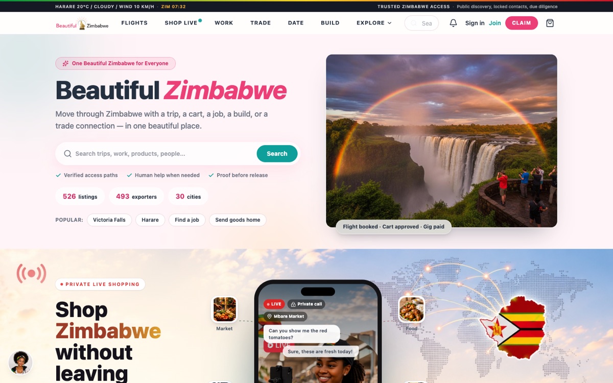 Screenshot of Beautiful Zimbabwe homepage