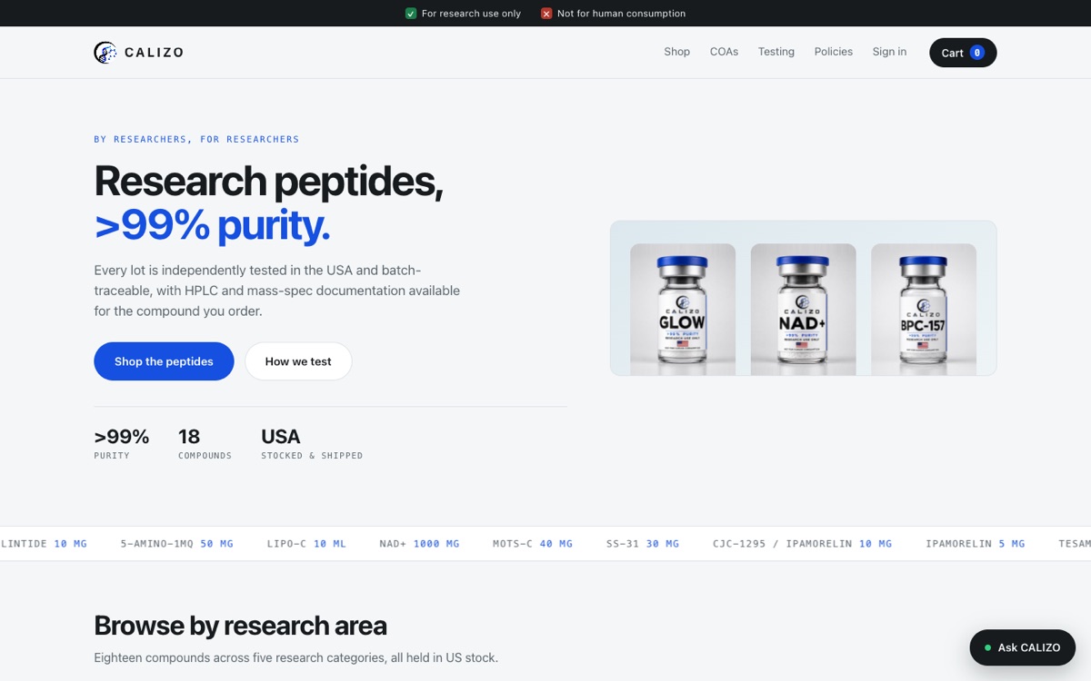 Screenshot of CALIZO homepage