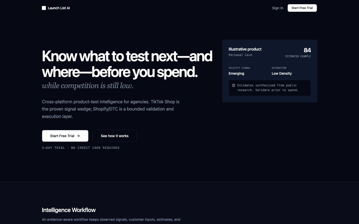 Screenshot of Launch List AI homepage