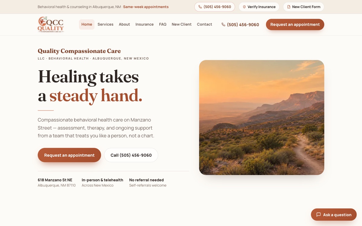 Screenshot of Quality Compassionate Care homepage