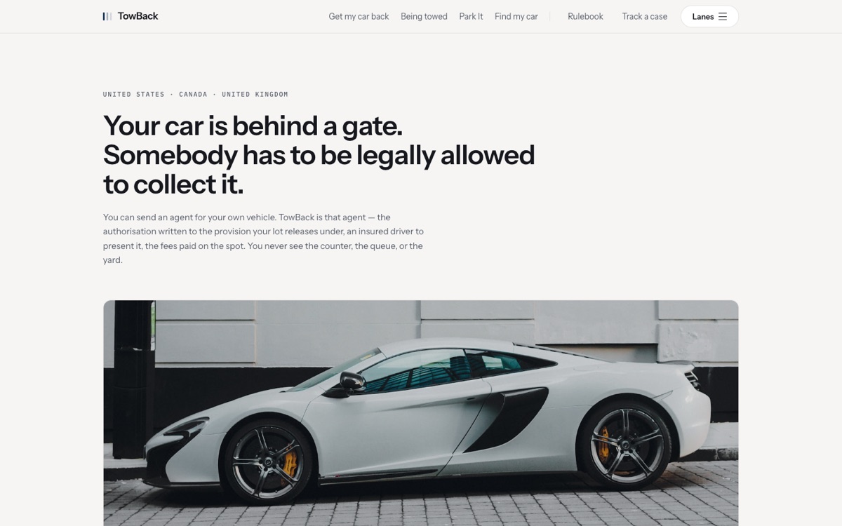 Screenshot of TowBack homepage