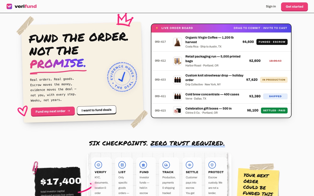Screenshot of Verifund homepage